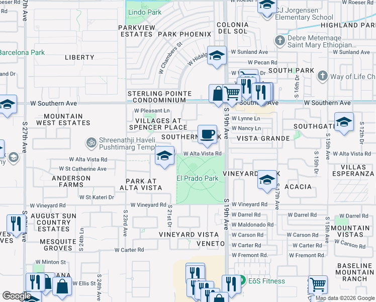 map of restaurants, bars, coffee shops, grocery stores, and more near 2022 West Alta Vista Road in Phoenix