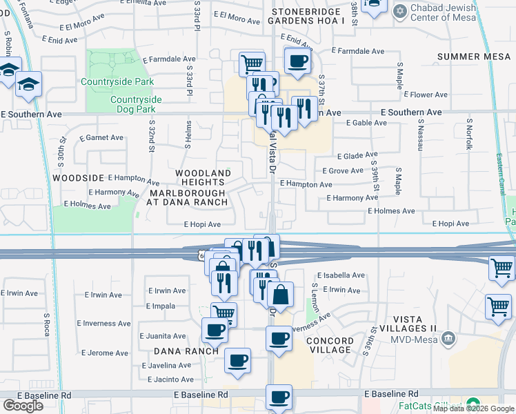 map of restaurants, bars, coffee shops, grocery stores, and more near 1440 South Val Vista Drive in Mesa