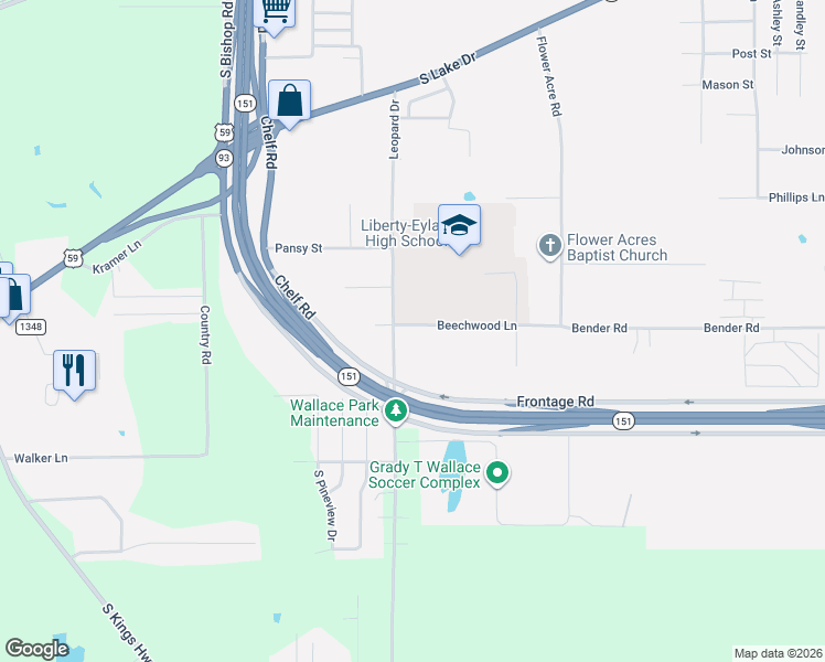 map of restaurants, bars, coffee shops, grocery stores, and more near 3203 Leopard Drive in Texarkana