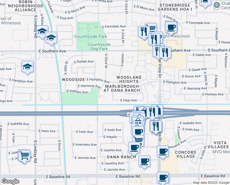 map of restaurants, bars, coffee shops, grocery stores, and more near 1450 South almar Circle in Mesa
