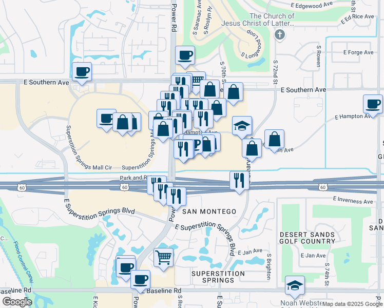 map of restaurants, bars, coffee shops, grocery stores, and more near 1525 South Power Road in Mesa