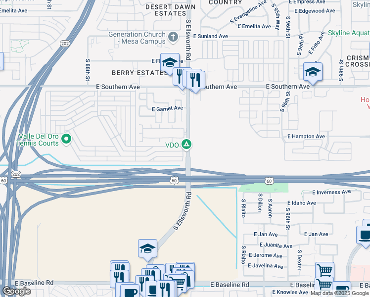 map of restaurants, bars, coffee shops, grocery stores, and more near 1452 South Ellsworth Road in Mesa