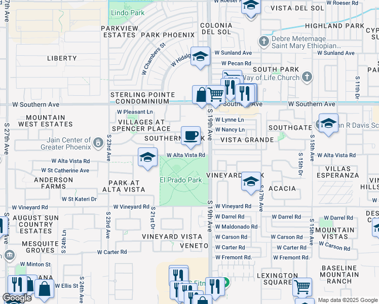 map of restaurants, bars, coffee shops, grocery stores, and more near 1932 West Alta Vista Road in Phoenix