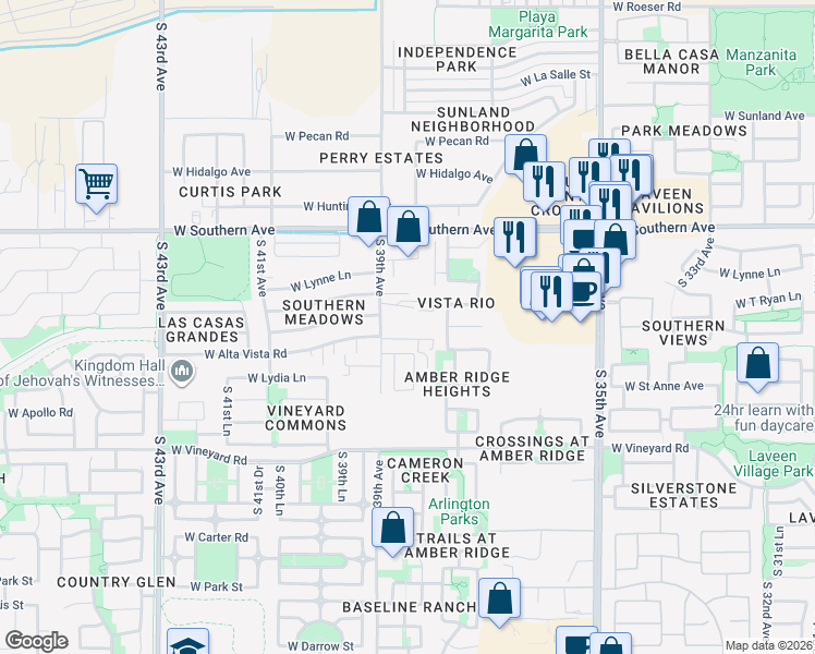 map of restaurants, bars, coffee shops, grocery stores, and more near 3840 West Alta Vista Road in Phoenix