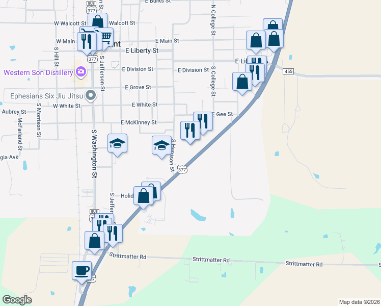 map of restaurants, bars, coffee shops, grocery stores, and more near 824 U.S. 377 in Pilot Point