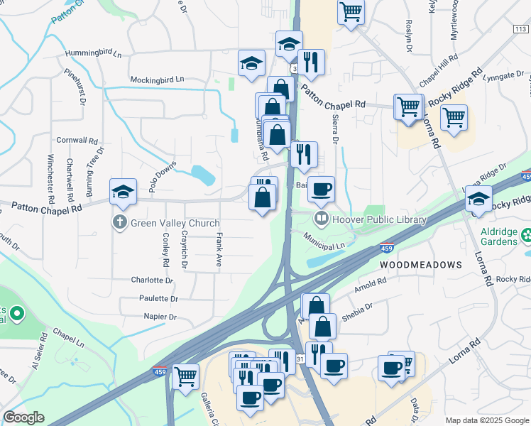 map of restaurants, bars, coffee shops, grocery stores, and more near 1694 Montgomery Highway in Hoover