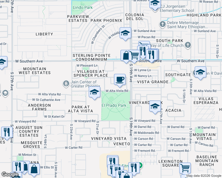 map of restaurants, bars, coffee shops, grocery stores, and more near 2022 West Alta Vista Road in Phoenix