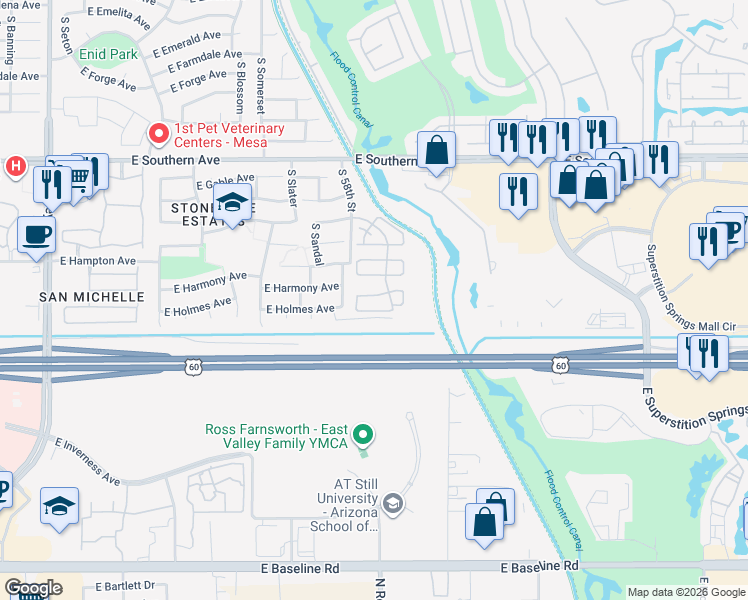 map of restaurants, bars, coffee shops, grocery stores, and more near 5829 East Harmony Avenue in Mesa