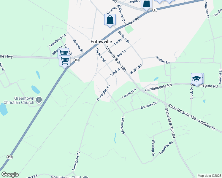 map of restaurants, bars, coffee shops, grocery stores, and more near 322 Bonanza Drive in Eutawville