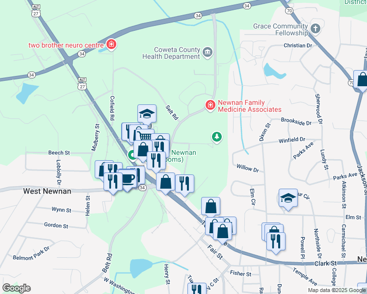 map of restaurants, bars, coffee shops, grocery stores, and more near 39 Hospital Road in Newnan