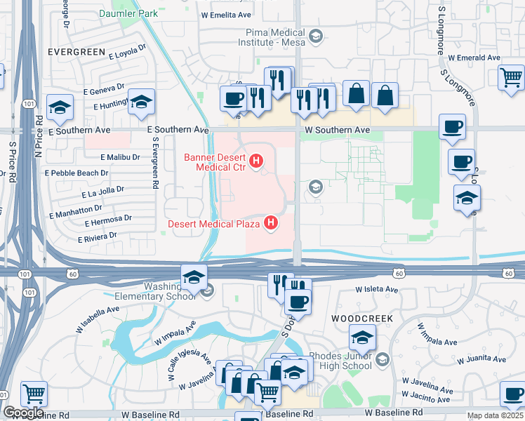 map of restaurants, bars, coffee shops, grocery stores, and more near 1432 South Dobson Road in Mesa