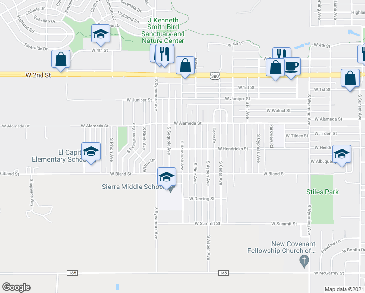 map of restaurants, bars, coffee shops, grocery stores, and more near 419 South Hemlock Avenue in Roswell
