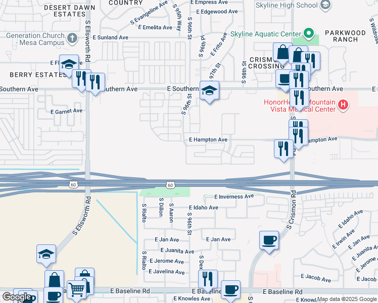 map of restaurants, bars, coffee shops, grocery stores, and more near 9641 East Hampton Avenue in Mesa