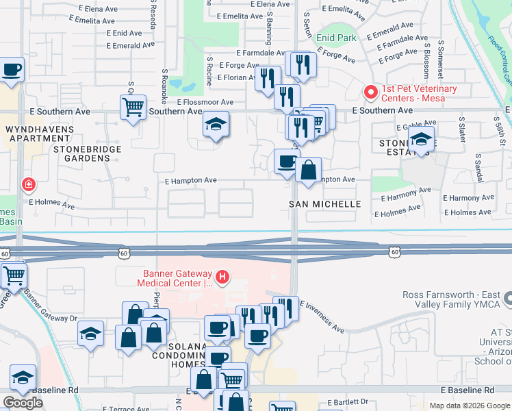 map of restaurants, bars, coffee shops, grocery stores, and more near 1465 South Street Paul in Mesa