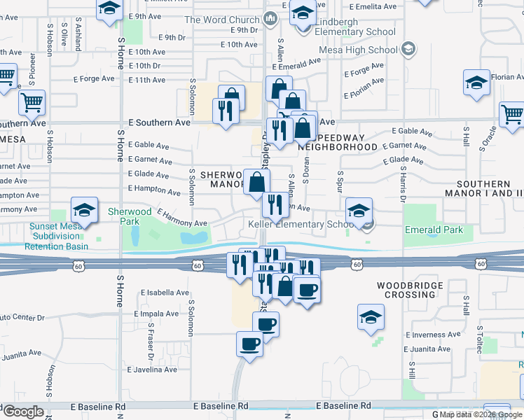 map of restaurants, bars, coffee shops, grocery stores, and more near 1455 South Stapley Drive in Mesa