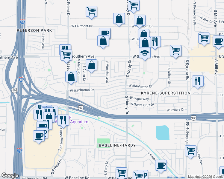 map of restaurants, bars, coffee shops, grocery stores, and more near 1033 West Hermosa Drive in Tempe
