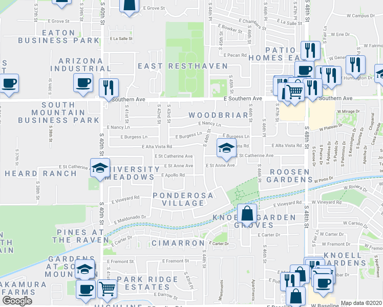 map of restaurants, bars, coffee shops, grocery stores, and more near 4317 East Saint Catherine Avenue in Phoenix