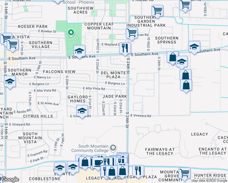 map of restaurants, bars, coffee shops, grocery stores, and more near 6400-6434 South 23rd Street in Phoenix