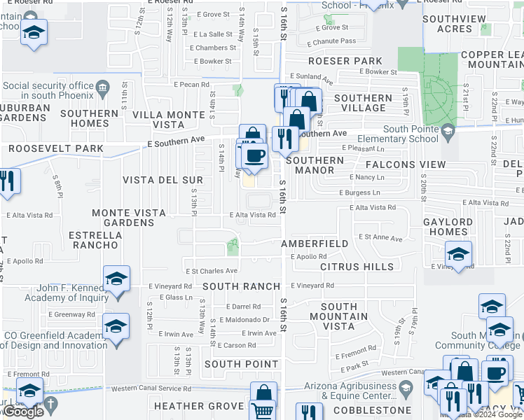 map of restaurants, bars, coffee shops, grocery stores, and more near 1530 East Saint Catherine Avenue in Phoenix