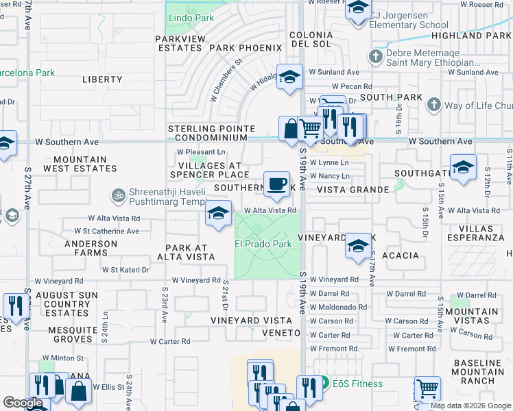 map of restaurants, bars, coffee shops, grocery stores, and more near 2022 West Alta Vista Road in Phoenix