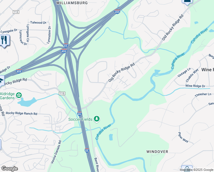 map of restaurants, bars, coffee shops, grocery stores, and more near 1200 Riverford Drive in Birmingham