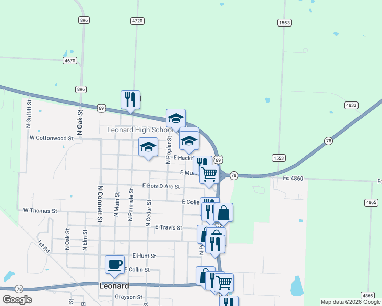 map of restaurants, bars, coffee shops, grocery stores, and more near 807 Willard-Hall Street in Leonard