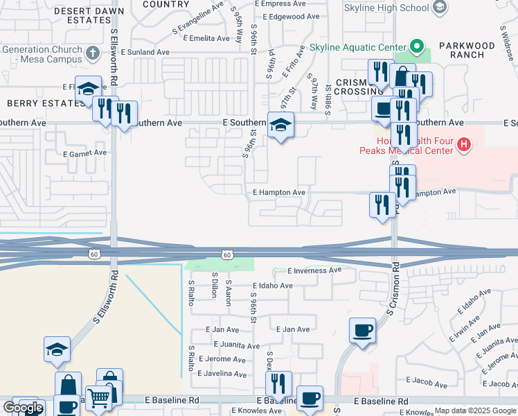 map of restaurants, bars, coffee shops, grocery stores, and more near 9641 East Hampton Avenue in Mesa