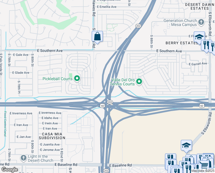 map of restaurants, bars, coffee shops, grocery stores, and more near Highway 202 Loop in Mesa