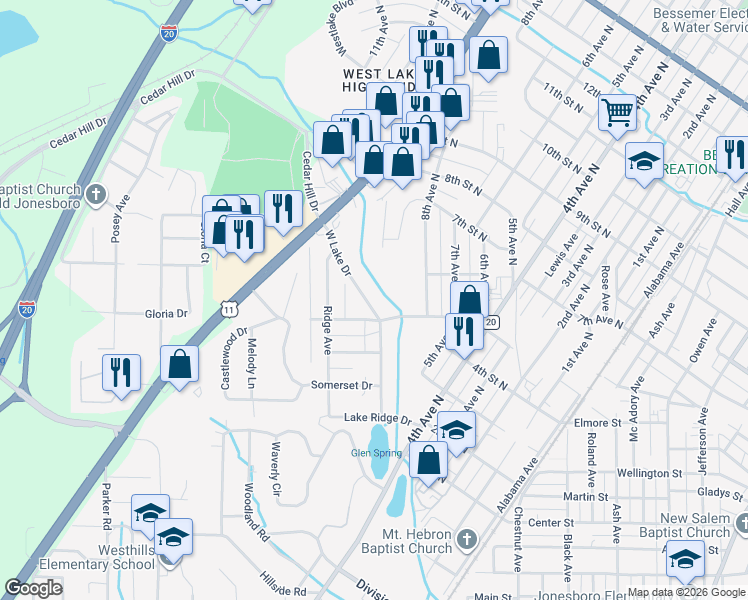 map of restaurants, bars, coffee shops, grocery stores, and more near 513 West Lake Drive in Bessemer