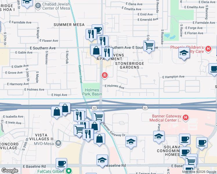 map of restaurants, bars, coffee shops, grocery stores, and more near 4445 East Holmes Avenue in Mesa