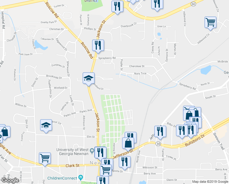 map of restaurants, bars, coffee shops, grocery stores, and more near 6 Woodland Place in Newnan