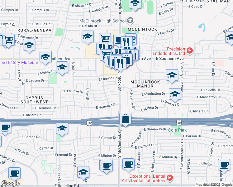 map of restaurants, bars, coffee shops, grocery stores, and more near 1801 East Manhatton Drive in Tempe