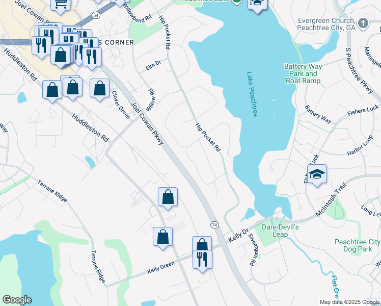 map of restaurants, bars, coffee shops, grocery stores, and more near 103 Azalea Drive in Peachtree City