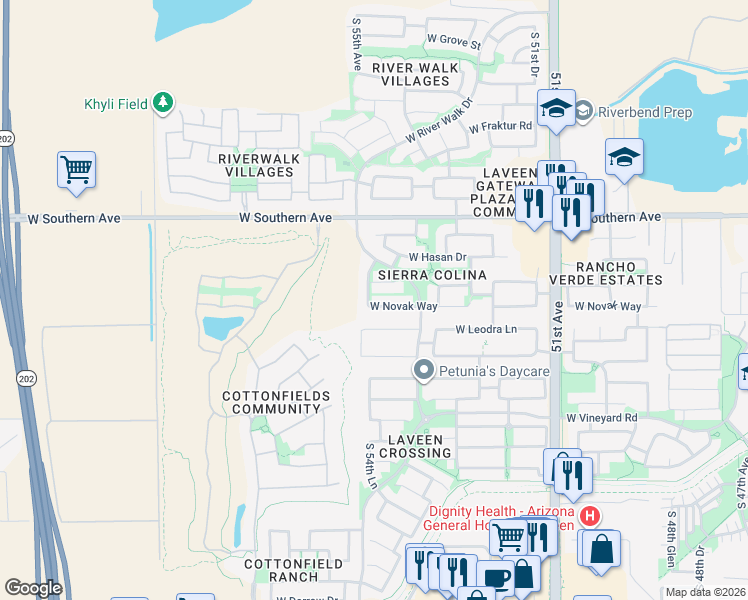 map of restaurants, bars, coffee shops, grocery stores, and more near 5439 West Novak Way in Phoenix