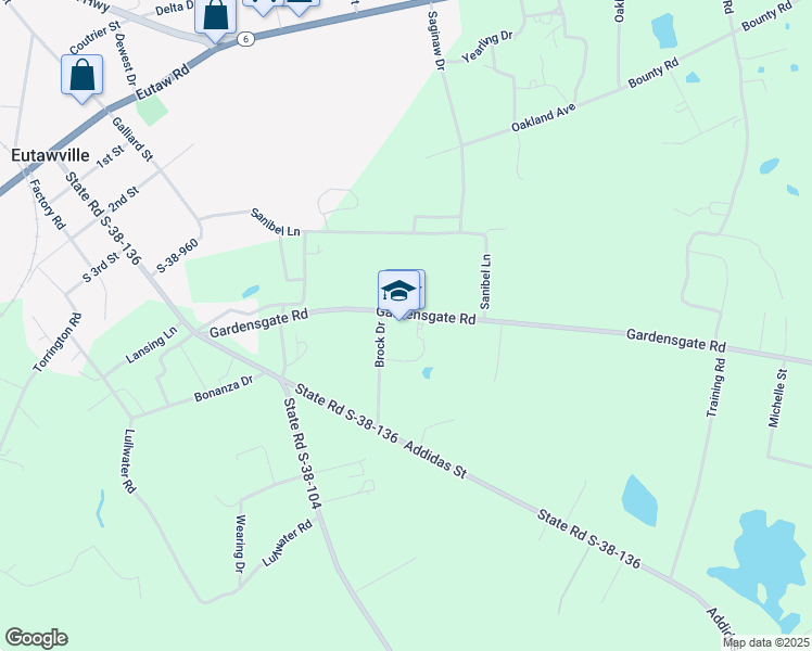 map of restaurants, bars, coffee shops, grocery stores, and more near 1555 Gardensgate Road in Eutawville