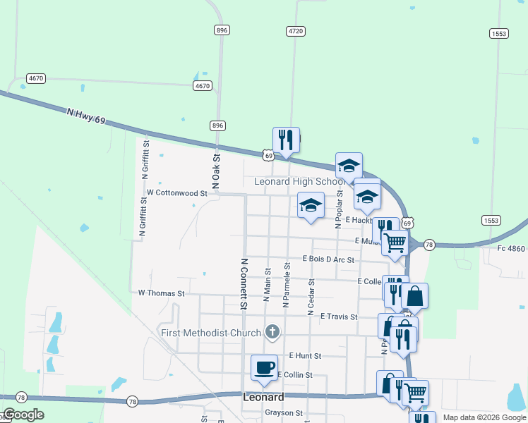 map of restaurants, bars, coffee shops, grocery stores, and more near 805 North Main Street in Leonard