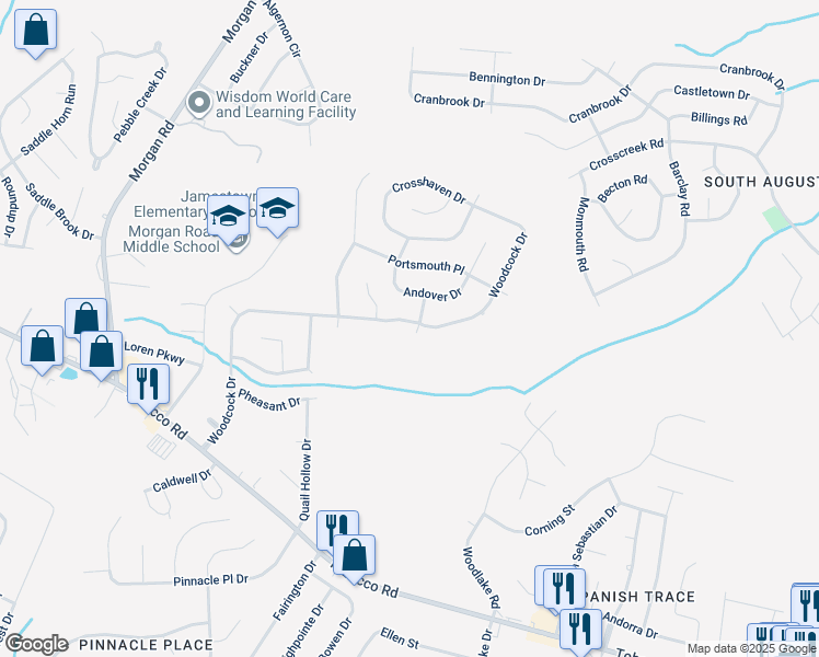 map of restaurants, bars, coffee shops, grocery stores, and more near 3676 Woodcock Drive in Hephzibah