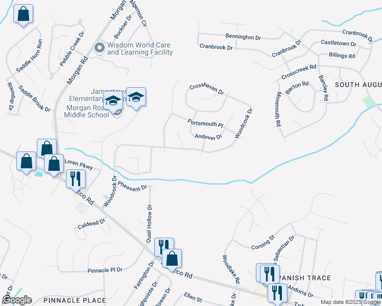 map of restaurants, bars, coffee shops, grocery stores, and more near 3676 Woodcock Drive in Hephzibah