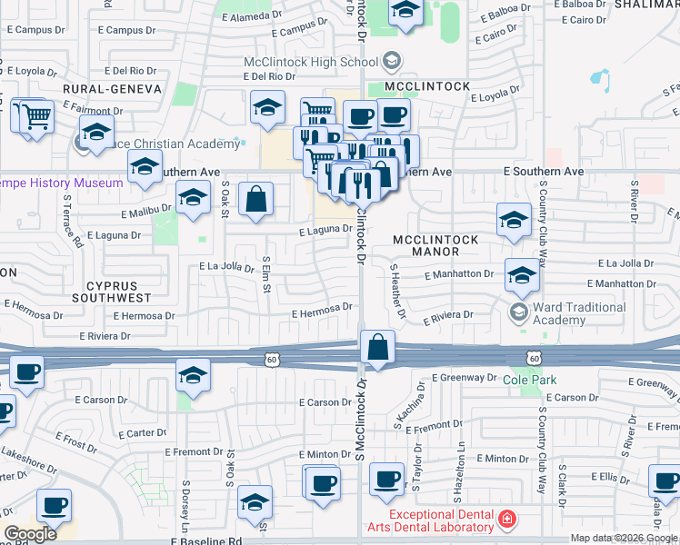map of restaurants, bars, coffee shops, grocery stores, and more near 1712 East Manhatton Drive in Tempe