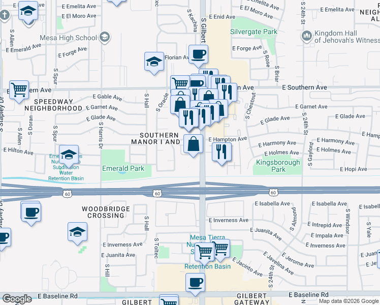 map of restaurants, bars, coffee shops, grocery stores, and more near 1530 South Gilbert Road in Mesa