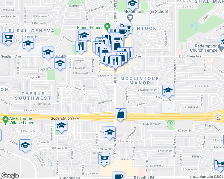 map of restaurants, bars, coffee shops, grocery stores, and more near 1801 East Manhatton Drive in Tempe