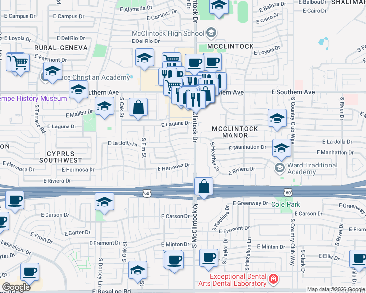 map of restaurants, bars, coffee shops, grocery stores, and more near 1712 East Manhatton Drive in Tempe