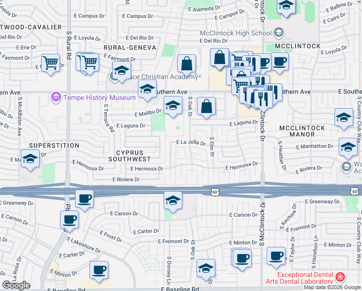 map of restaurants, bars, coffee shops, grocery stores, and more near 1318 East Manhatton Drive in Tempe
