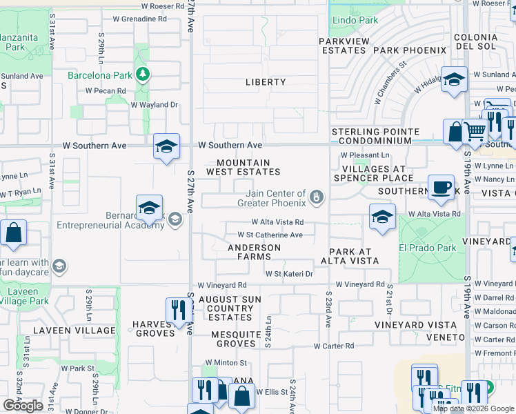 map of restaurants, bars, coffee shops, grocery stores, and more near 2418 West Alta Vista Road in Phoenix
