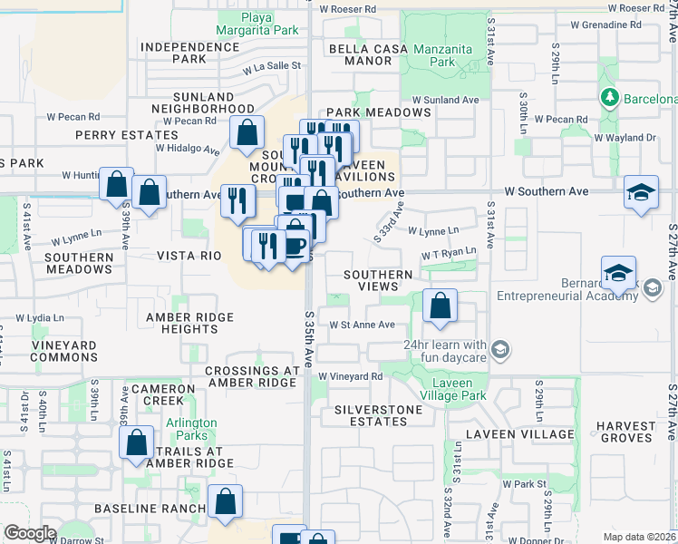 map of restaurants, bars, coffee shops, grocery stores, and more near 3426 West Leodra Lane in Phoenix
