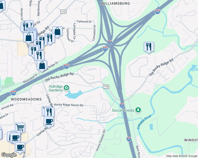 map of restaurants, bars, coffee shops, grocery stores, and more near 3700 Stone Ridge Terrace in Birmingham
