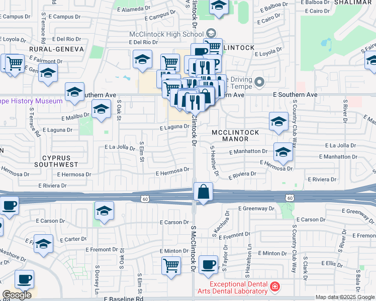 map of restaurants, bars, coffee shops, grocery stores, and more near 1735 East La Jolla Drive in Tempe