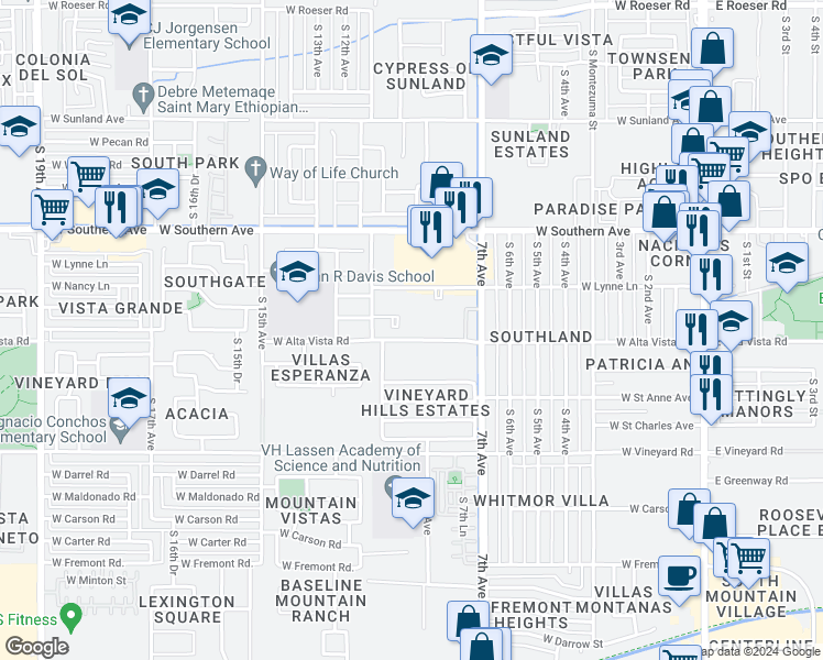 map of restaurants, bars, coffee shops, grocery stores, and more near 940 West Alta Vista Road in Phoenix