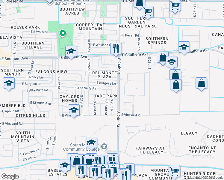 map of restaurants, bars, coffee shops, grocery stores, and more near 2422 East Alta Vista Road in Phoenix