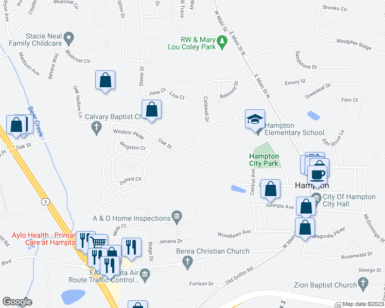 map of restaurants, bars, coffee shops, grocery stores, and more near 5 Hampton Oaks Drive in Hampton